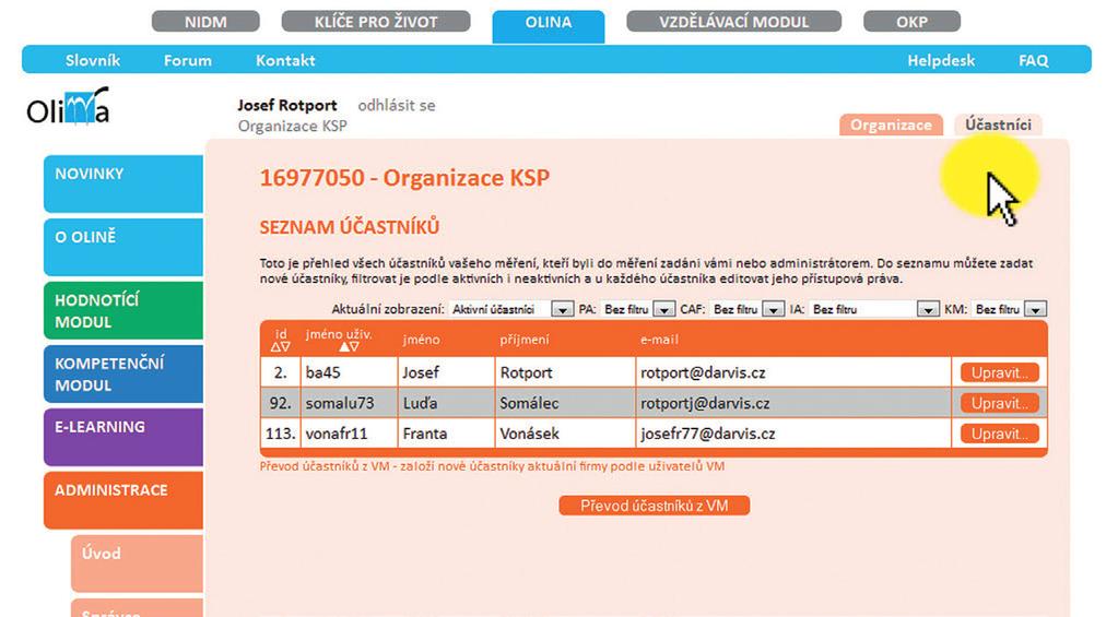 KLÍČE PRO ŽIVOT vám zobrazí přehledná tabulka, kde lze pomocí zaškrtávacích polí nastavit uživatelská práva k jednotlivým oblastem
