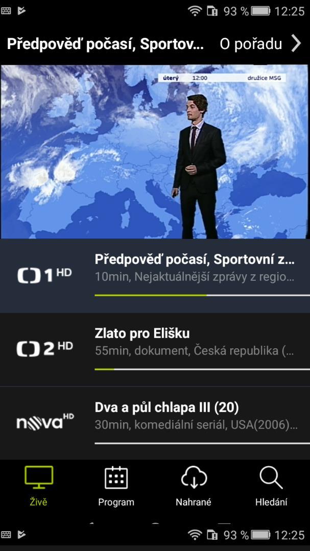 Obr. 7: Sledování pořadu přes nabídku Živě před přechodem do režimu celé obrazovky Rozkliknutím položky O pořadu