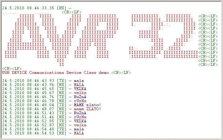 Na straně koncového zařízení je po inicializaci mikrokontroléru na kitu v terminálu vypsán obrázek pomocí ascii znaků, doknočení enumerace kitu Atmel je potom signalizováno hláškou USB DEVICE