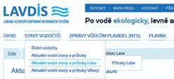 Sekce je rozdělena na informační část k jednotlivým řídícím vodočtům a aktuální přehled informací v tabulkové a grafické formě pro vodní toky Labe a Vltavu.
