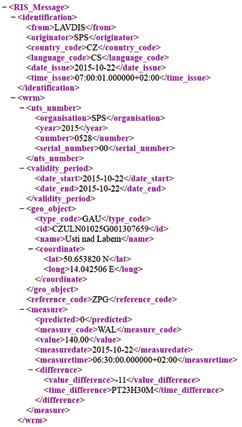 Obrázek č. 8: Ukázka zprávy o vodních stavech a průtocích v XML formátu.