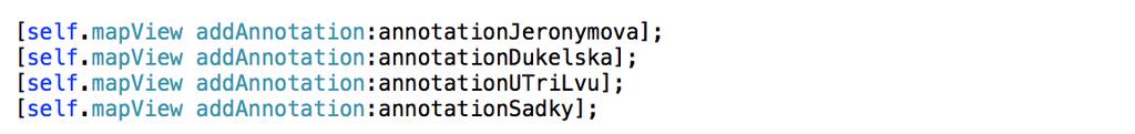 Načtení jednotlivých anotací v mapě se provádí pomocí addannotation. Obrázek 5.