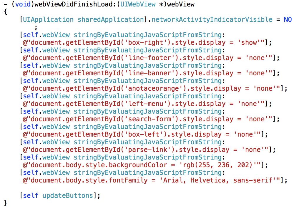 Metoda webviewdidfinishload ukončí indikaci ve stavovém řádku a následně se postará o načtení požadovaných elementů.