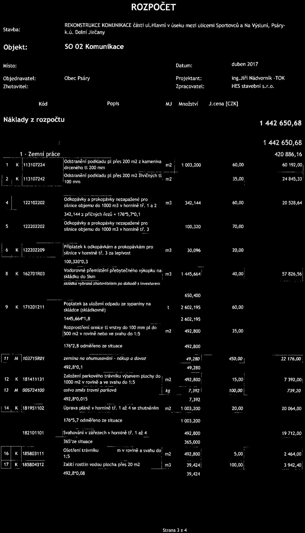 [CZK] Cena celkem ~"[CZK]~" _ Náklady z rozpočtu 1 442 650, 68 HSV - Práce a dodávky HSV 1 442 650, 68 1 - Zemní práce 113107224 K Í113107242 IGdstranění podkladu pí přes 200 m2 z kameniva [drcené ho