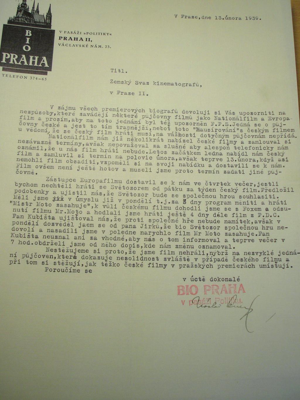 3) NFA, f. Sdružení premiérových biografů v ČSR, volný list.