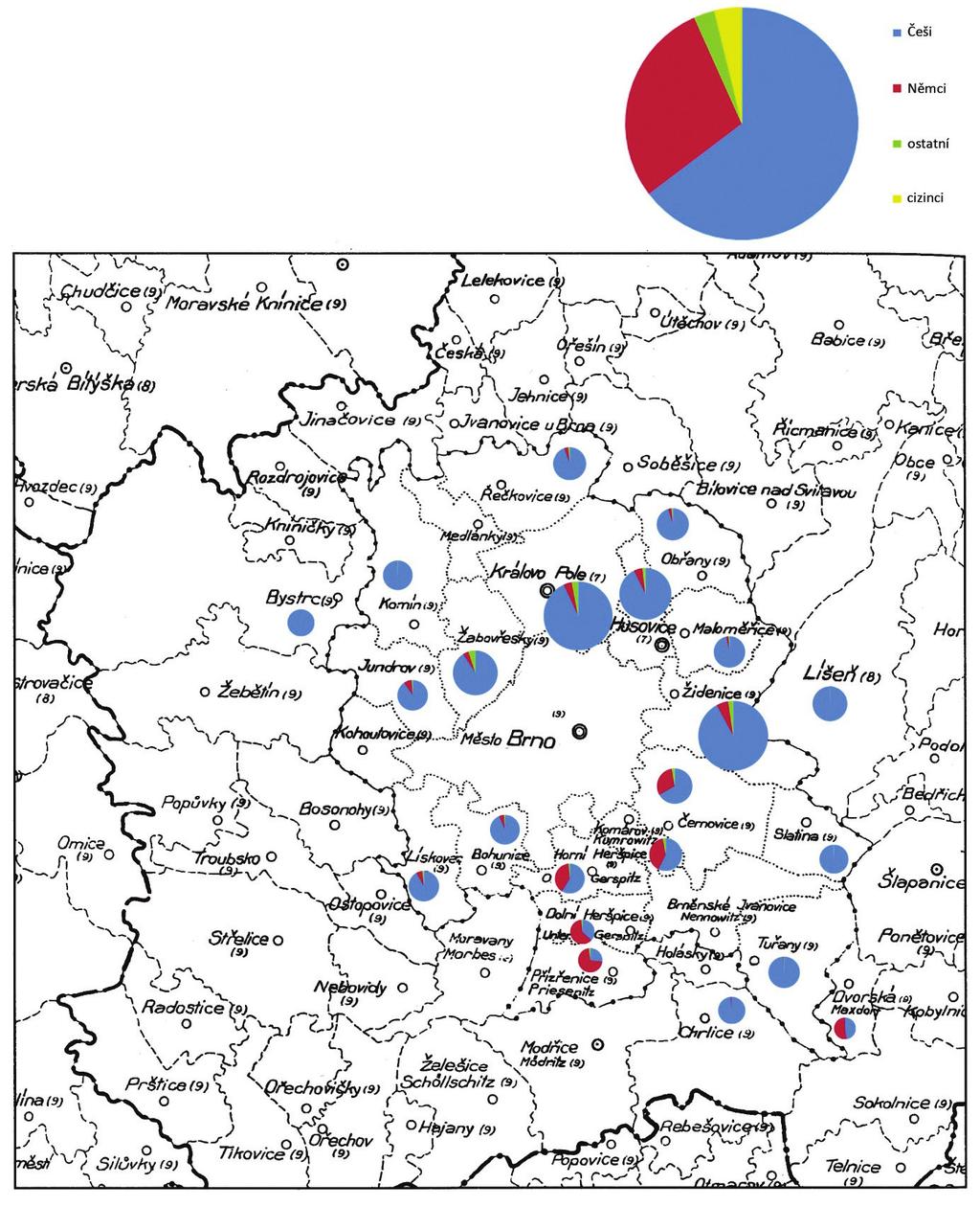 Obr. 1. Národnostní složení jednotlivých brněnských částí podle stavu v roce 1930. Velikost výsečového grafu v jednotlivých městských částech poměrově zohledňuje počet jejich obyvatel.