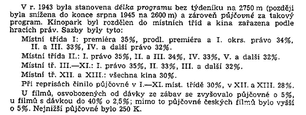Obr. 11. Stanovení půjčovného podle místních tříd biografů. Havelka, Jiří (1946): Filmové hospodářství v zemích Českých a na Slovensku 1939 až 1945. Praha: Čs. filmové nakladatelství, s. 37.
