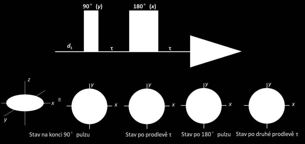 následuje 180 pulz podél osy x, který ponechá magnetizaci v rovině xy, ale překlopí ji na druhou stranu osy x.