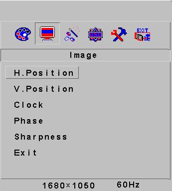 3.4.2.2 Menu obrazu 6. Horizontální pozice Horizontální pozici můžete nastavit volbou od 1 do 100. 7. Vertikální pozice Vertikální pozici můžete nastavit volbou od 1 do 100. 8.