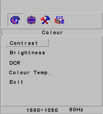 3.4.4 Design menu OSD (DVI) 3.4.4.1 Menu barev 1. Kontrast Úroveň kontrastu můžete nastavit v hodnotách od 1 do 100. 2. Jas Úroveň jasu můžete nastavit v hodnotách od 1 do 100. 3. DCR (Dynamický kontrastní poměr) Software si automaticky nastavuje kontrast a jas, a to k zajištění nejlepší kvality obrazu.