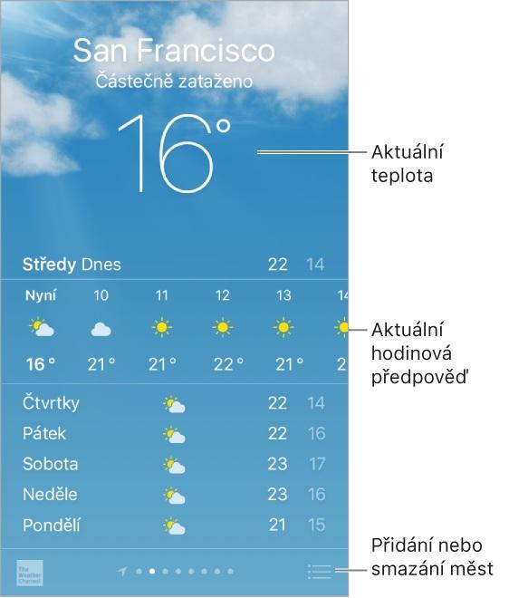 Aplikace Počasí využívá Polohové služby, aby vám mohla poskytnout předpověď v místě, kde se právě nacházíte. Řekněte Siri.