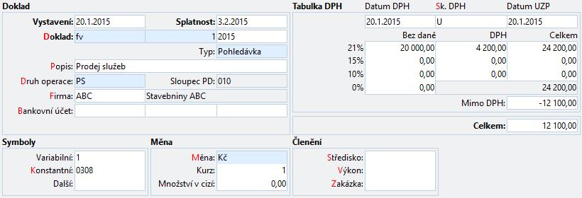 6. Fakturu uzavřeme a přeneseme do závazků a pohledávek. Po přenosu bude DPH rozpočítáno na celé plnění a po odečtu zálohy zůstane k úhradě rozdíl. 7.