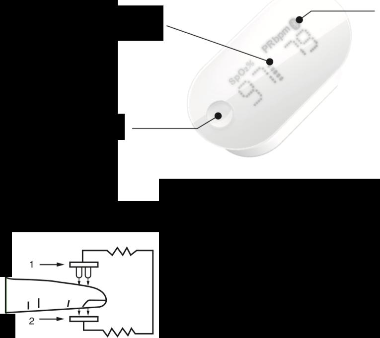 SOUČÁSTI A DISPLEJ Displej Indikátor Bluetooth Tlačítko start POPIS ZAŘÍZENÍ Pulzní oximetr SPO3M měří množství kyslíku ve vaší krvi a tepovou frekvenci.