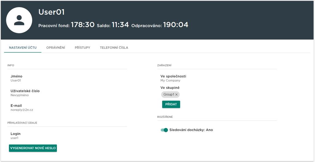 Karta uživatele Na detailu uživatele se nastavují veškeré informace, co se týkají uživatele, jeho přístupů a telefonních čísel. 1.