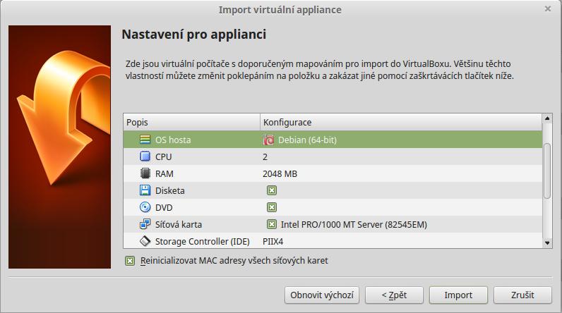 a. b. c. d. upravte název, zkontrolujte nastavení CPU (nejméně 2), zkontrolujte nastavení RAM (nejméně 2048 MB), zkontrolujte volbu správné sítové karty. 4. V dalším kroku potvrďte Licenční podmínky.