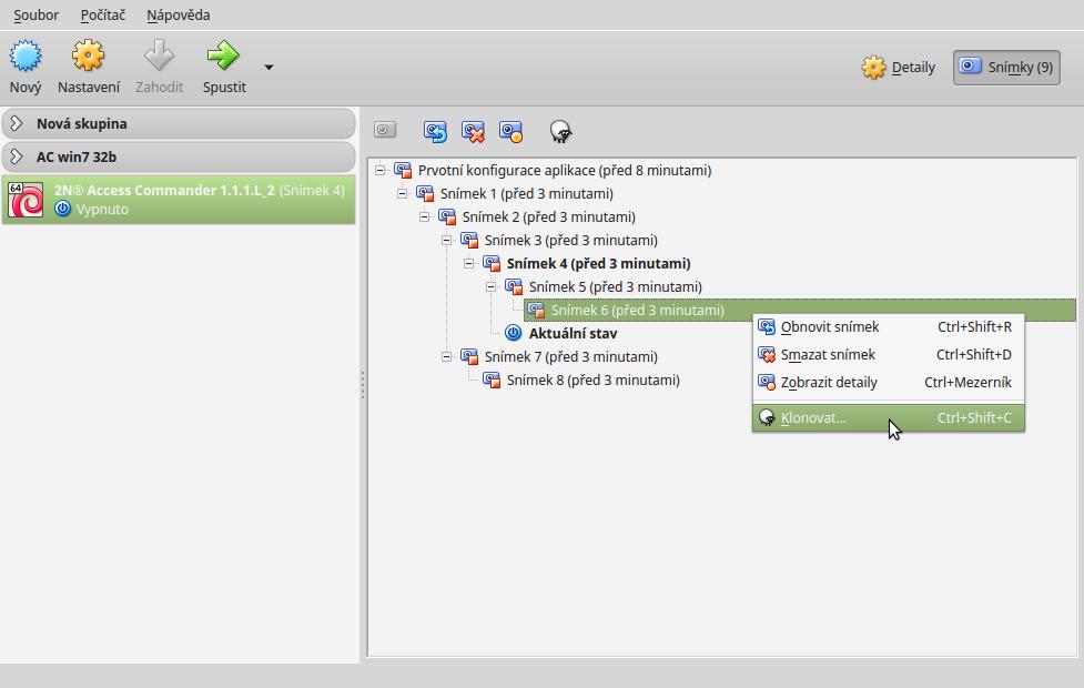 Zvolte typ "Plný klon" snímky "Aktuální stav