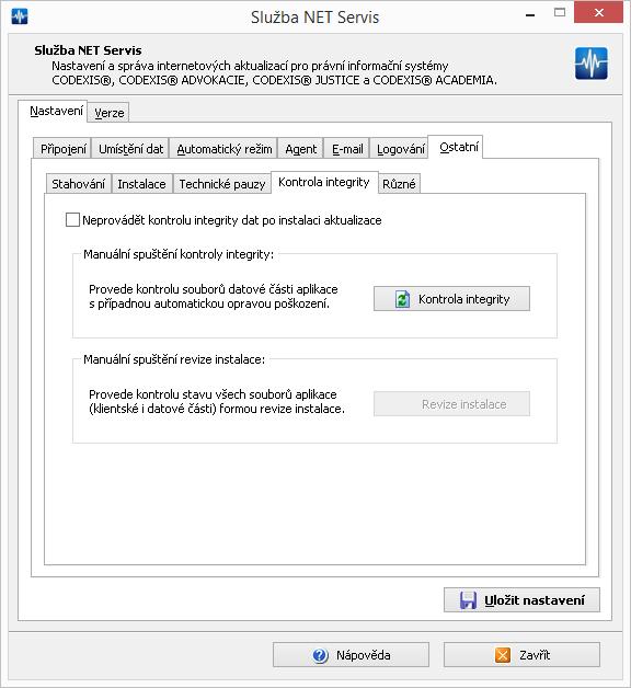 Záložka,,Kontrola integrity - aktivace volby zapříčiní vypnutí kontroly integrity všech datových zdrojů po dokončení aktualizace. Kontrola integrity slouží k odhalení chyb v souborech.