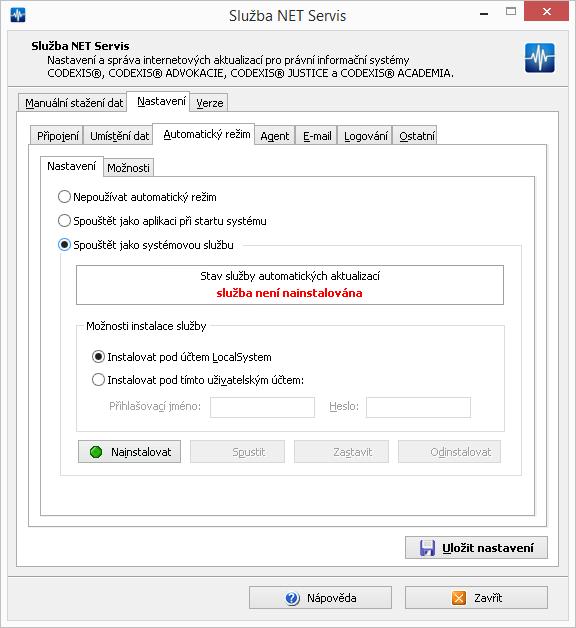 Pro spuštění automatického režimu stačí změnit volbu Nepoužívat automatický režim na Spouštět jako aplikaci při startu nebo Spouštět jako systémovou službu.