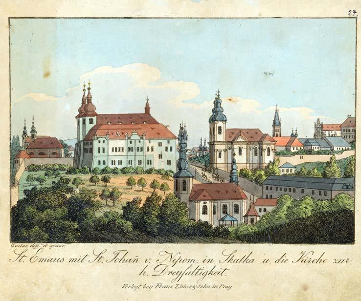 Kostel sv. Jana Nepomuckého na Skalce Emauzský klášter s kostelem sv. Jana Nepomuckého na Skalce a kostelem nejsv. Trojice, kolorovaný lept, A. Gustav (kolem r. 1810), ze sbírky Muzea hl. m.