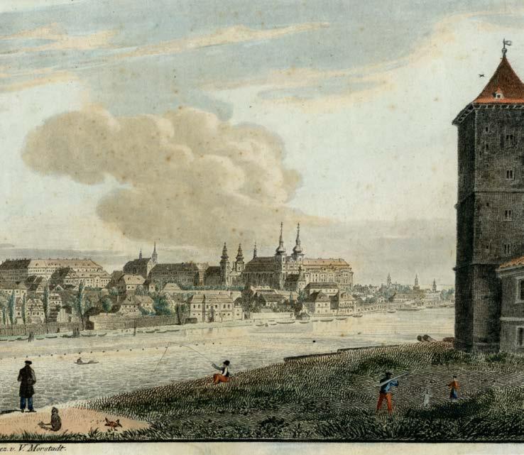 Kostel sv. Jana Nepomuckého na Skalce Nové Město Pražské, jižní část, kolorovaný lept, Vincenc Morstadt (1825), ze sbírky Muzea hl. m.