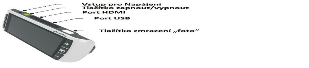 Dotykový displej Tlačítko + zvětšení Tlačítko režimu Mode Tlačítko - zmenšení Obrázek 2: Boční pohled: Vstup pro Napájení Tlačítko zapnout/vypnout Port HDMI Port USB Tlačítko zmrazení foto Obrázek 3: