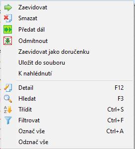 Příjem 55 Tl. Přijmout e-maily - tímto tlačítkem se načtou nové e-maily - dojde k aktualizaci seznamu doručených e-mailů. Detail - zobrazí se formulář detailu e-mailu.