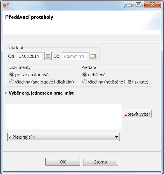 Tisk předávacích protokolů 16 77 Tisk předávacích protokolů Do složky předávacích protokolů se vstupuje přes dialog pro zadání podmínek pro tisk sestavy: Obsluha zadá: Časové rozmezí - datum od - do: