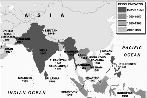 36 Střední Asií. Funkci nárazníkové zóny zastával např. i sát Siam (dnešní Thajsko) oddělující britské kolonie od francouzské Indočíny 6.3 Dekolonizace Asie Na přelomu 19. a 20.