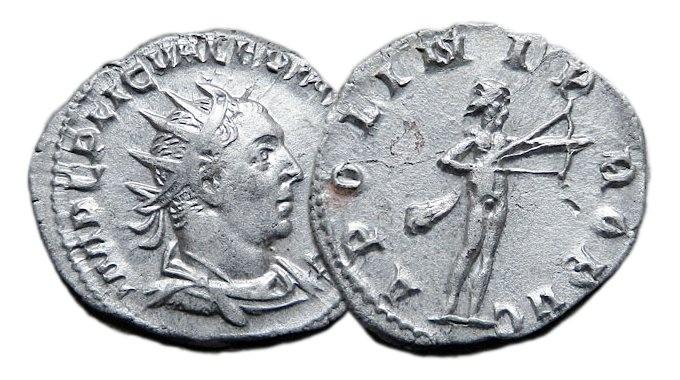APOLLINI CONS AVG - Apollovi (také Appolónovi), ochránci císaře. Na Gallienově minci zobrazuje griffina, který byl zasvěcen Appolónovi.