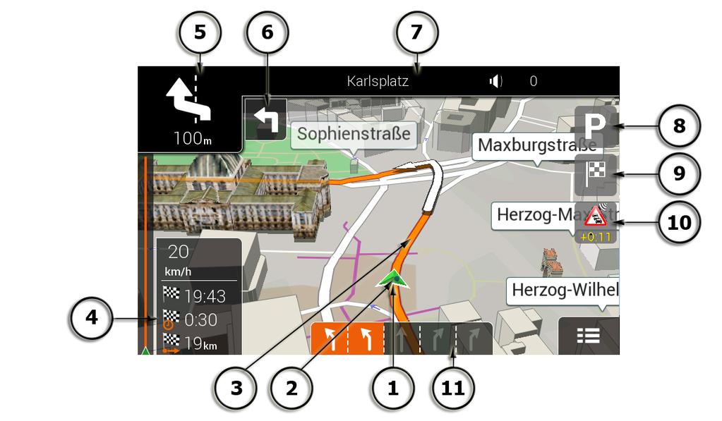 2.3 Zobrazení navigace Obrazovka navigace je hlavní obrazovka systému Zenec Navigation, která zobrazuje na mapě plánovanou trasu.