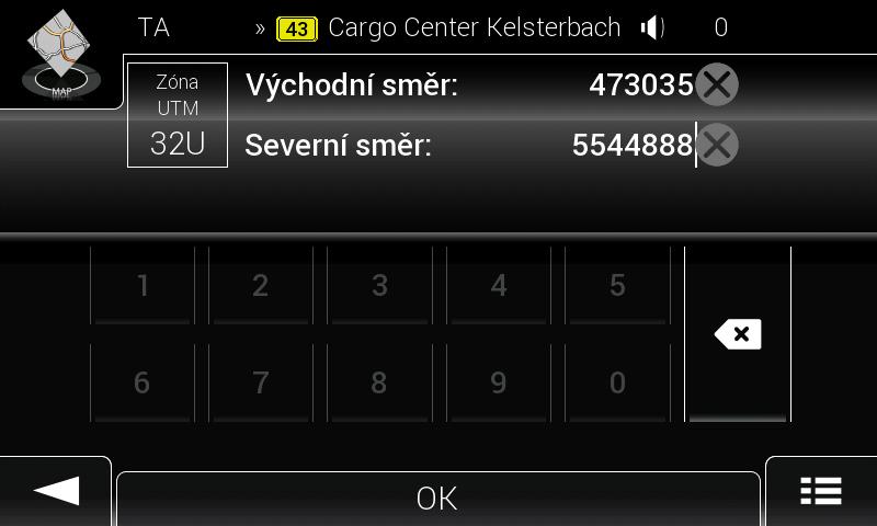 (doplňková funkce) V případě potřeby klepněte na tlačítko a pak na tlačítko, nakonec zadejte souřadnice ve formátu UTM. Rada: 4. Na celé obrazovce se zobrazí mapa s vybraným bodem uprostřed.