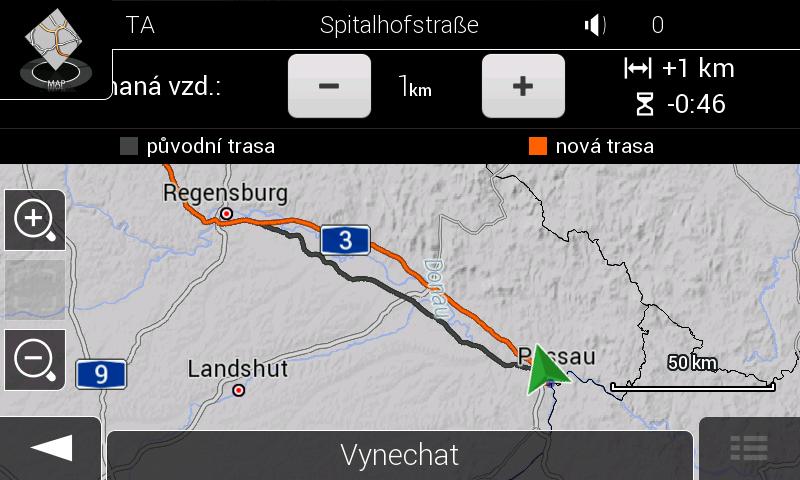Tuto zprávu můžete ignorovat a držet se původní trasy klepnutím na tlačítko, nebo se s navrhovanou trasou můžete seznámit klepnutím na tlačítko.