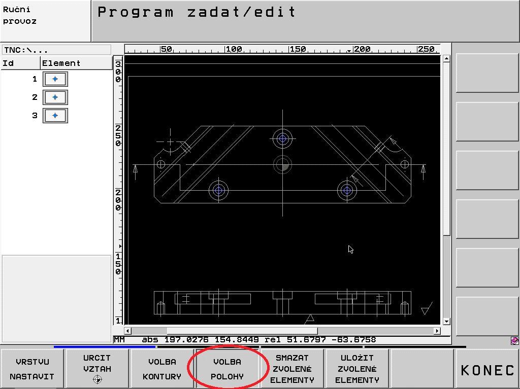 Obrázek 20 - DXF volba polohy středů otvorů Pak po kliknutí na středy otvorů se tyto zobrazí modře. Nejprve jsou definovány 3 otvory D 9mm. Po nazvání 3xD9 je uložíme.