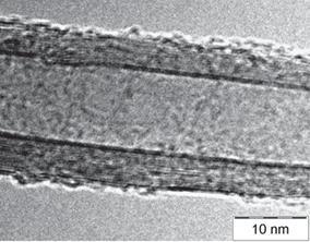 Fig.3 HRTEM detailed view of the structure of the nanotube. The procedure is following: 1.6 g of MWCNT and approximately 50 ml of deionized water were mixed using a mortar and pestle.