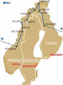 Toulky za polárním kruhem - se souostrovím Lofot a Vesterálů Rovaniemi polární kruh vesnice Santa Clause cesta sobů Nordkapp Alta Tromsø Vesterály a Lofoty Moskenes Bodo Laksfossen Trondheim >