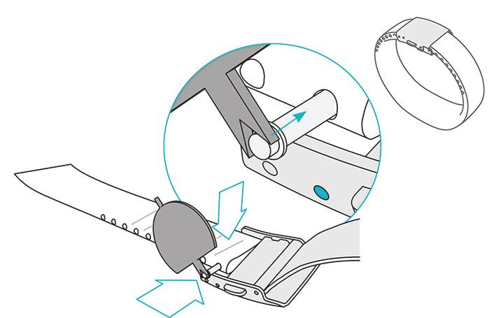 5. Namontujte zpět přezku. Vezměte jeden pružinový kolík a zasuňte ho do prvního otvoru na konci náramku. Jeden jeho konec zasuňte potom do příslušného otvoru v přezce.
