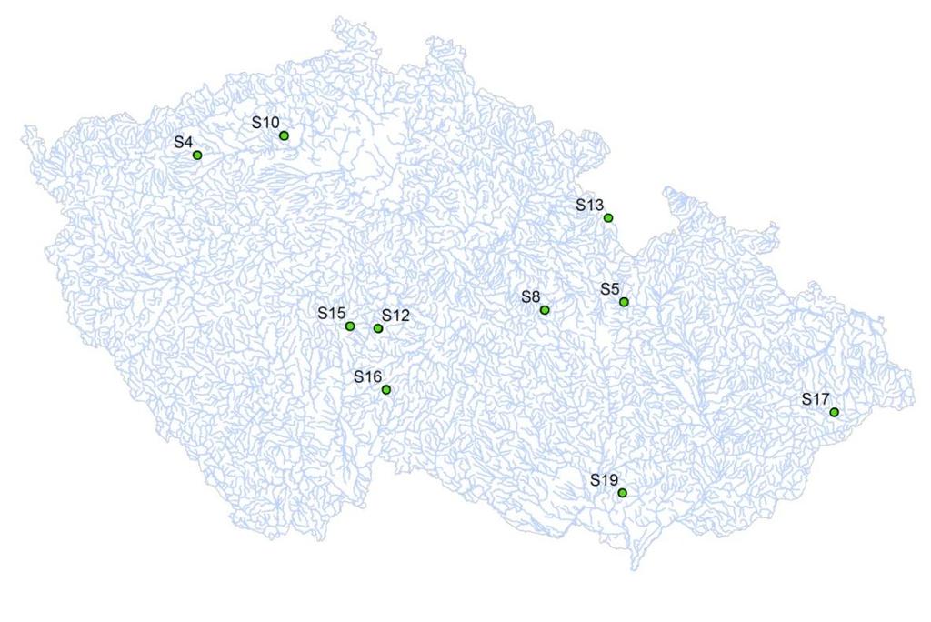 poř.č. Obrázek 7: Mapka vodstva s vyznačenými vybranými lokalitami (např. S12 = lokalita 12). Tabulka 2: Základní popis lokalit. Název vodního toku Nadm.