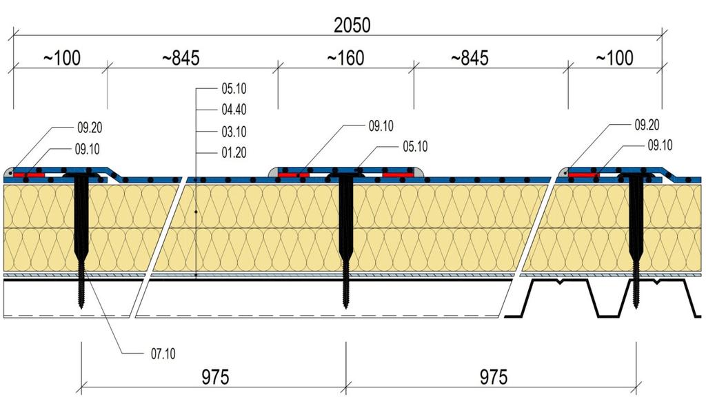 Hydroizolace střech FATRAFOL-S strana 97 05.10 FATRAFOL pro mechanické kotvení 04.40 Minerální vata 03.10 Parotěsná zábrana - Fatrapar 01.20 Trapézový plech 07.10 Kotevní prvek 09.