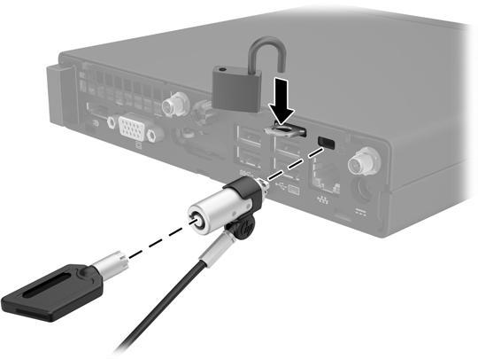 Instalace bezpečnostního kabelu K zabezpečení počítače lze použít bezpečnostní kabel a zámek znázorněný níže.