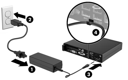 Připojení napájecího kabelu Při připojování adaptéru střídavého proudu je důležité postupovat podle níže uvedených kroků, aby nedošlo k uvolnění napájecího kabelu z počítače. 1.