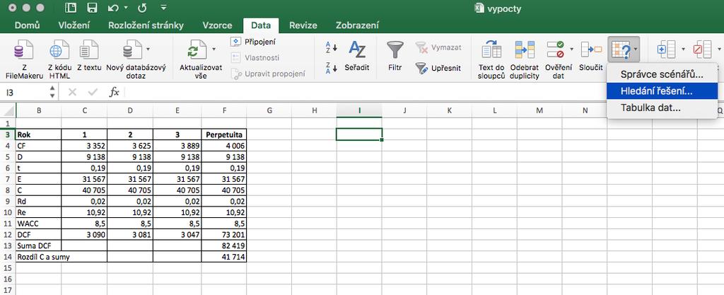 Na kartě Data vybereme Citlivostní analýza a následně Hledání řešení. Tato volba je zobrazena na následujícím obrázku č. 2. Obr.