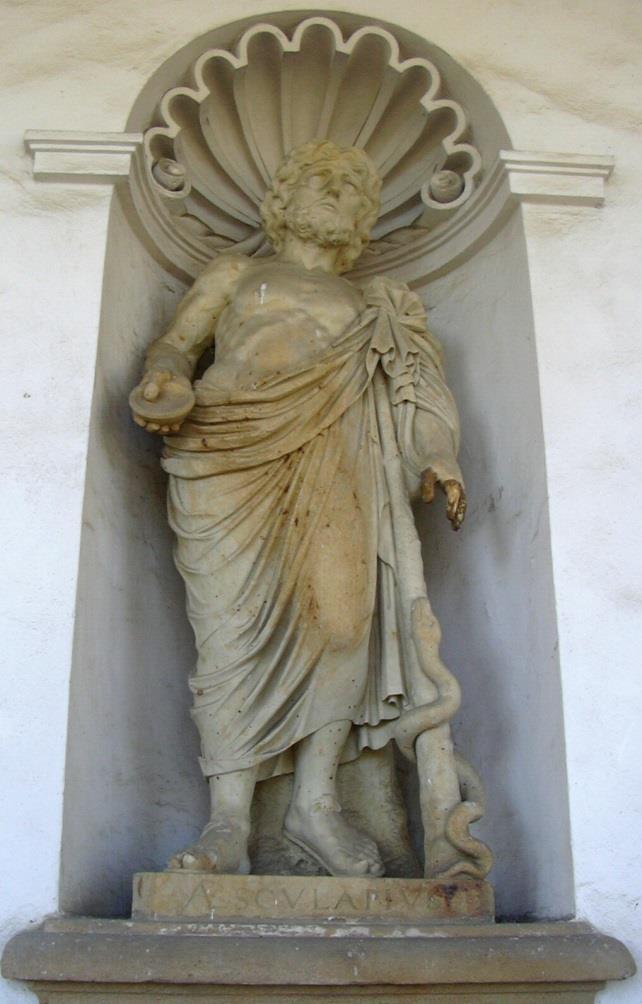 Hippokratova přísaha, a socha Asklepia (18; vpravo), u