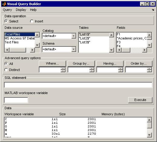 Toolboxy - výběr Database Toolbox import a export dat mezi MATLABem a jinými databázemi DT propojuje MATLAB a databázi pomocí funkcí MATLABu komunikace přes VQB (Visual Qury Buildr) DT umožňuje