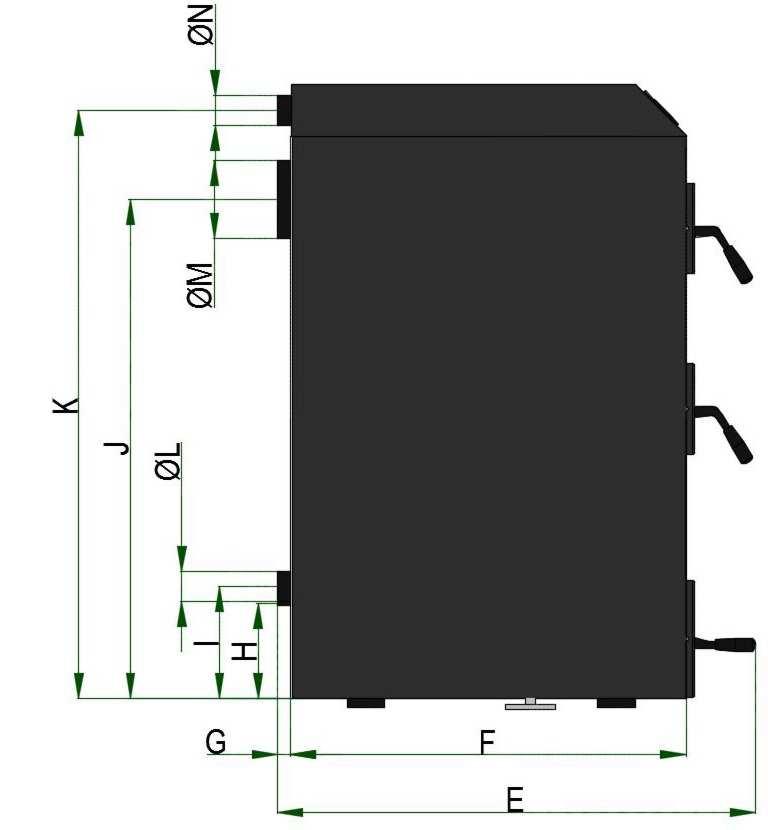 Obr. č. 5 - Připojovací rozměry kotlů E F G H I J K L M N hodnota mm 950 809 10 220 278 1010 1168 6/4 160 6/4 7.