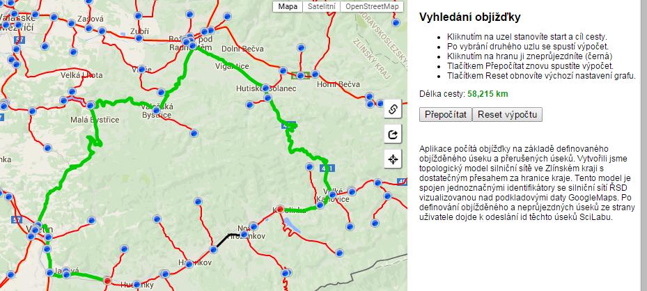 Hlavním výhodou této aplikace je, oproti klasickým plánovačům dopravního spojení, které lze nalézt v populárních mapových službách, možnost si uživatelsky definovat neprůjezdné úseky komunikací. Obr.