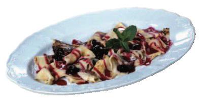 Sweet pancake with sour cherries of brandy flavour, decorated with whipped cream.