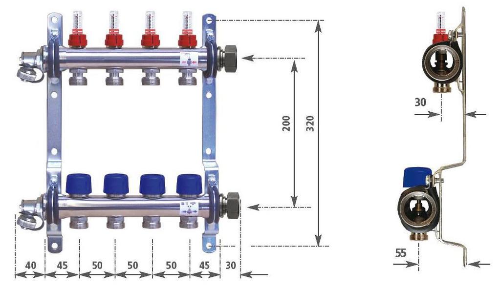 rozdělovač INOX výběr správného typu skříně podle počtu podlahových okruhů počet okruhů L délka rozdělovače [mm] délka s ven lem G 1 Rp 1 [mm] 3+3 260 330 4+4 310 380 5+5 360 430 6+6 410 480 7+7