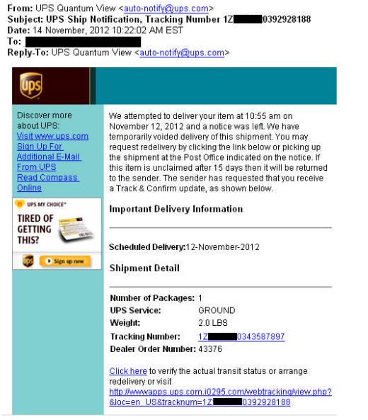 Příklady podvodných e mailů Email maskující se za informaci o doručení zásilky Odkaz