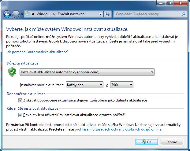 šíření škodlivého kódu V případě Windows 7 je třeba mít nastavenou službu Windows Update tak,