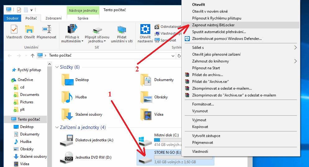 Nejprve klikněte v dolní liště vlevo na ikonu žluté složky Otevře se průzkumník, vlevo přepneme na Tento počítač, klikneme pravým tlačítkem myši na diskovou jednotku kterou chceme zašifrovat (zde E:)